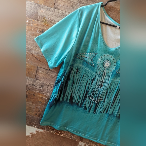 New Turquoise Green Faux Fringe Look Tee - Picture 4 of 15